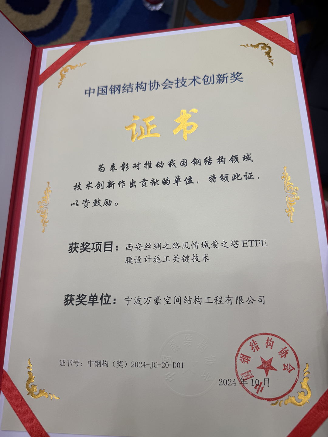 喜報(bào)！恭喜萬(wàn)豪空間結(jié)構(gòu)榮獲中國(guó)鋼結(jié)構(gòu)協(xié)會(huì)2024年度技術(shù)創(chuàng)新獎(jiǎng)